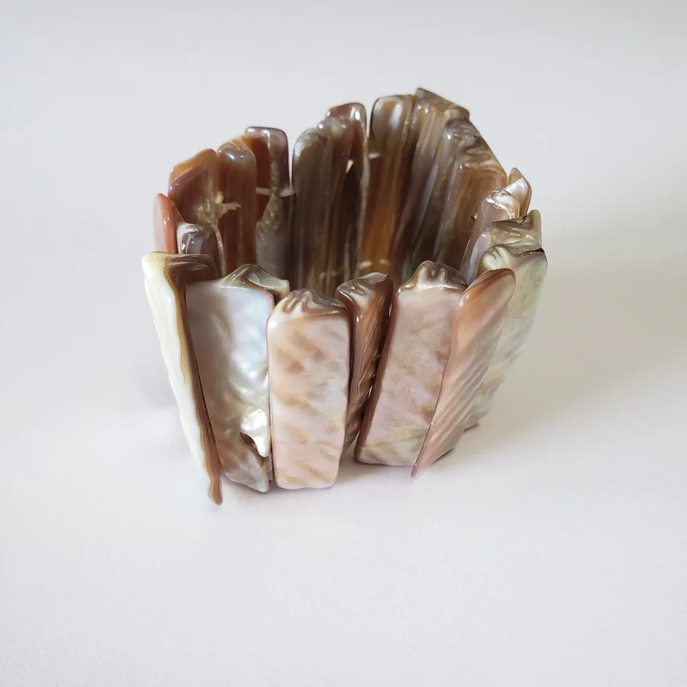 Vintage Abalone Shell Beige Tan Wide Stretch Bracelet Mother Of Pearl - Picture 5 of 5